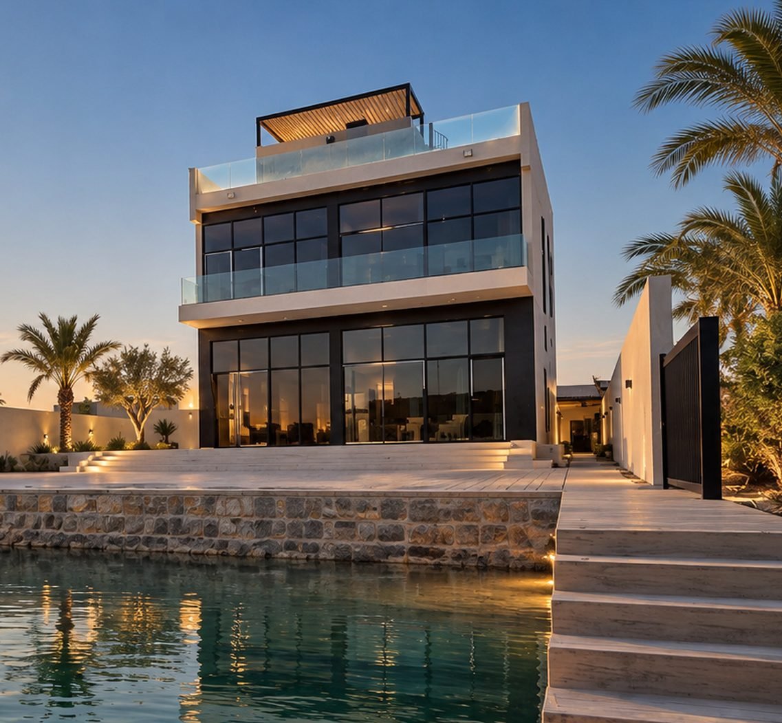 Design visualisation of the same villa finished, with full-height glazing, glass balustrades and lights along the quay