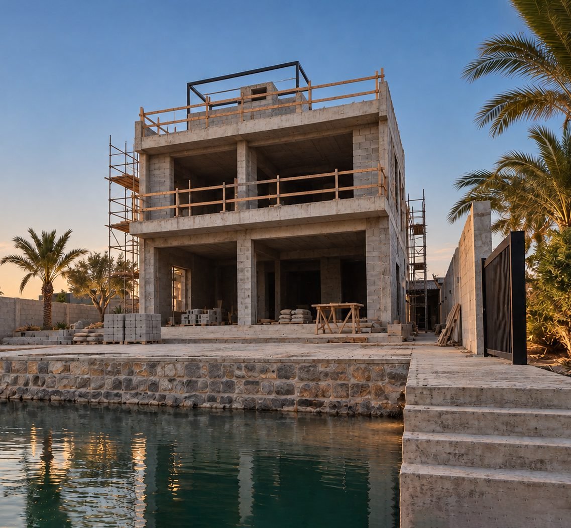 Design visualisation of a waterfront villa as a concrete shell, with scaffolding and building blocks on the quay