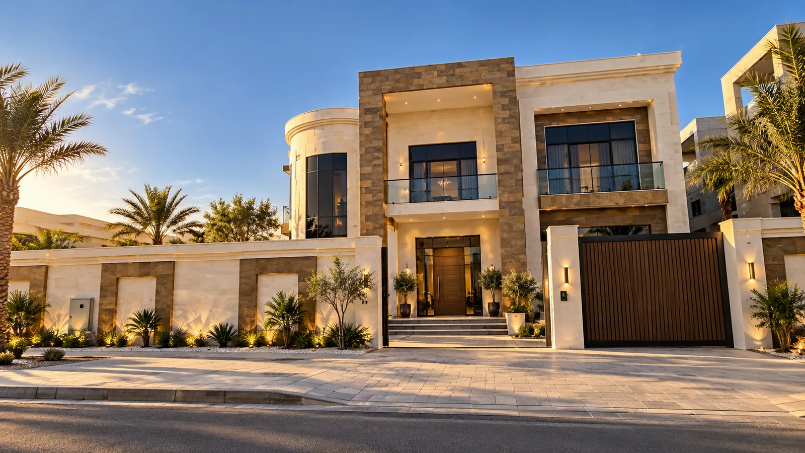 Design visualisation of a two-storey villa with stone-clad pilasters, a curved glass corner, a timber gate and a boundary wall, seen from the street at dusk